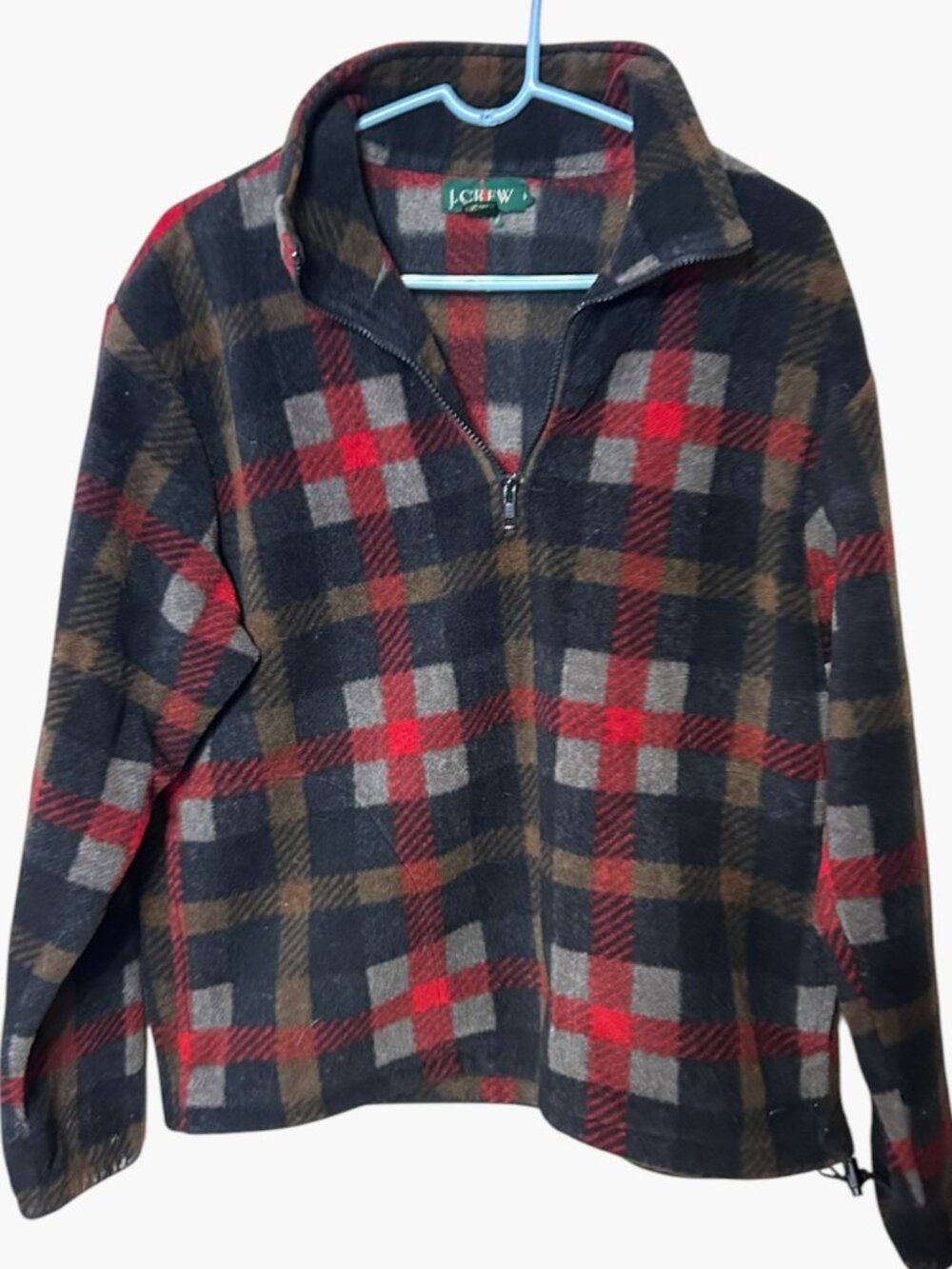 Vintage 90s J.Crew Oarsman Plaid Fleece 1/4 Zip Pullover Red Black Brown M